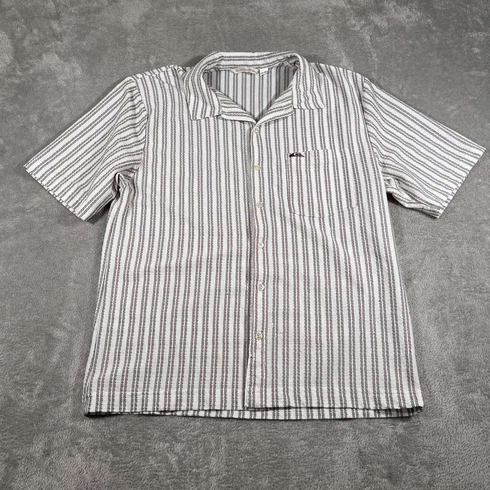 Quiksilver Vtg ‎ Striped Button Down Short Sleeve Shirt Mens L/G White Brown